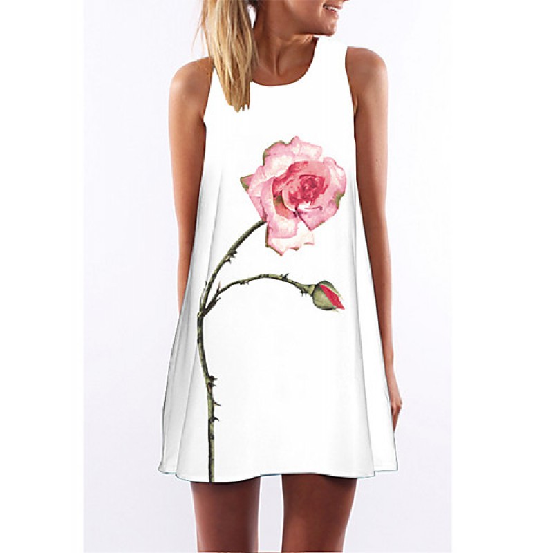 Women's Simple / Street chic Loose Dress,Floral Round Neck Above Knee Sleeveless White Polyester Summer