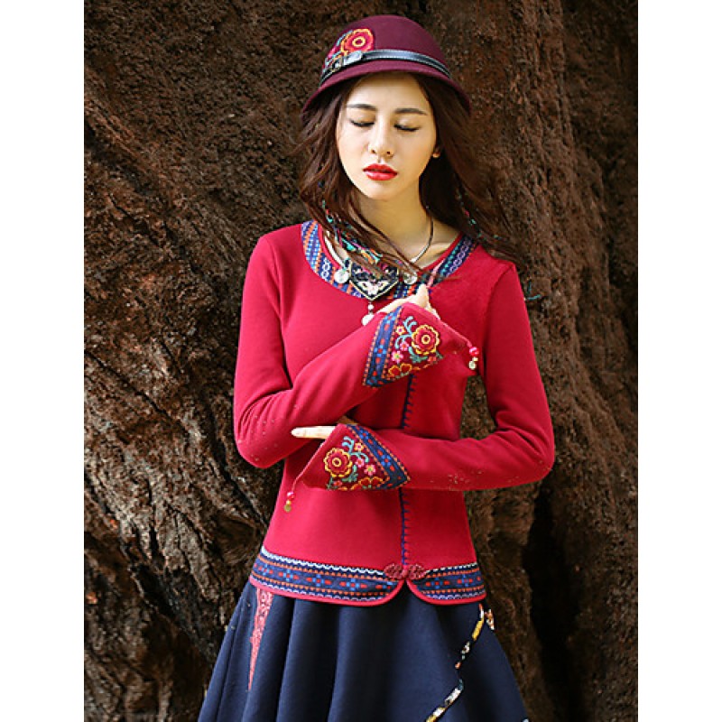 Our Story Going out Vintage Regular PulloverPaisley Red / Purple Round Neck Long Sleeve Cotton Spring