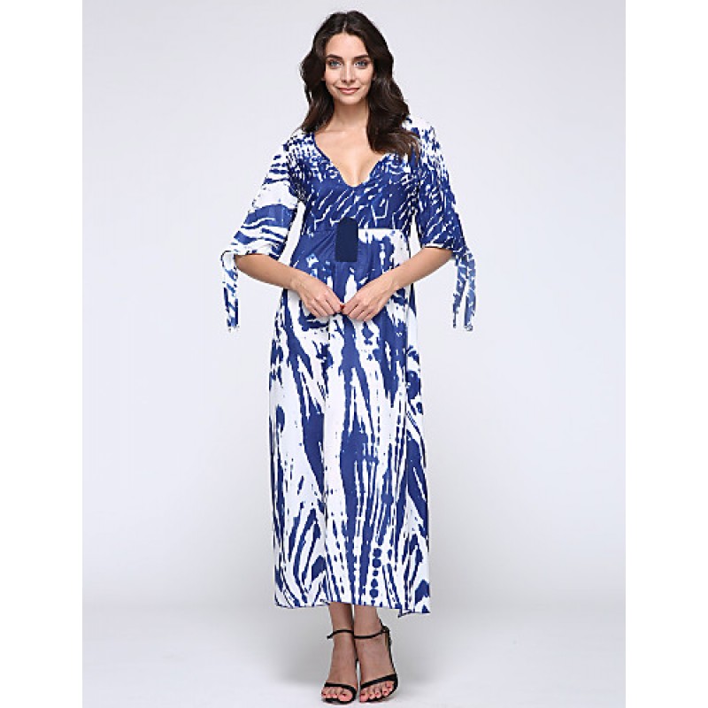 New Boho Maxi Dress Contrast Print Deep V-Neck Side Zipper 3/4 Sleeve Beach Evening Party Long