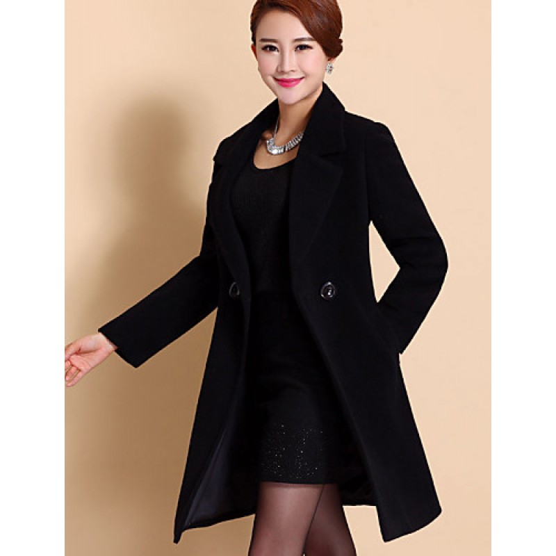 Women's Coat,Solid / Patchwork Peaked Lapel Long Sleeve Winter Blue / Black / Yellow Wool / Others Thick