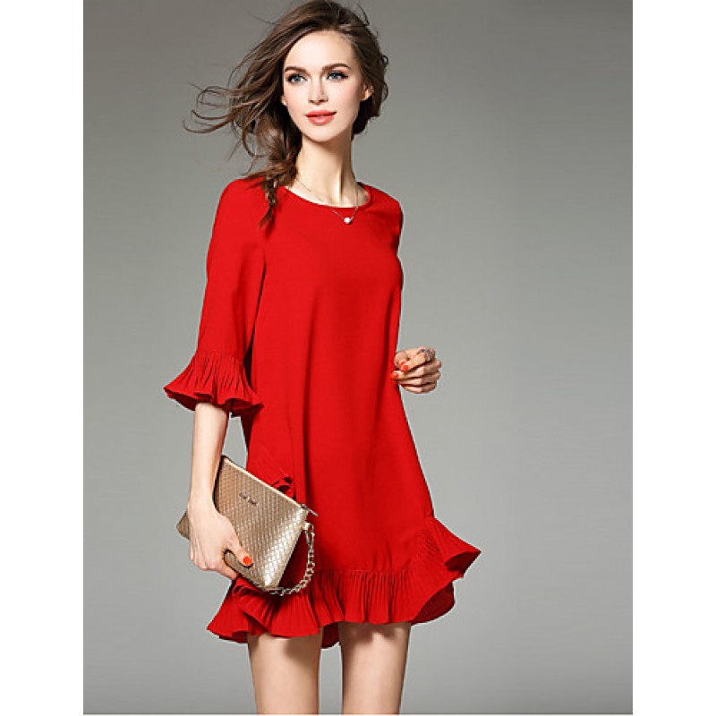  Women's Going out Cute Loose Dress,Solid Round Neck Above Knee ? Sleeve Black Cotton Spring