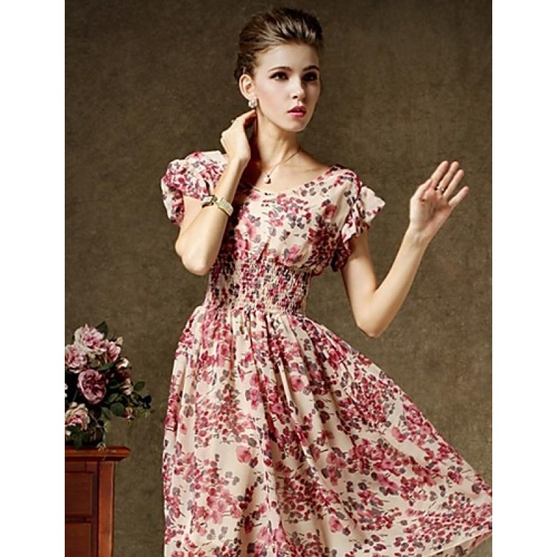 Women's Vintage Short Sleeve Floral Print Chiffon Dress