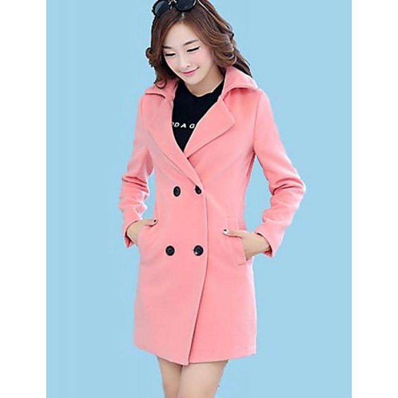 Women's Coat,Solid Long Sleeve Winter Pink / Red / Green Wool Medium