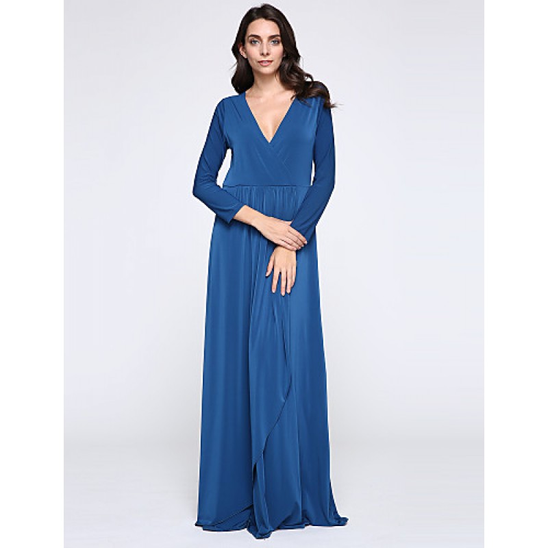 Women's Party/Cocktail Plus Size Plus Size Dress,Solid V Neck Midi Long Sleeve Blue Spandex Fall