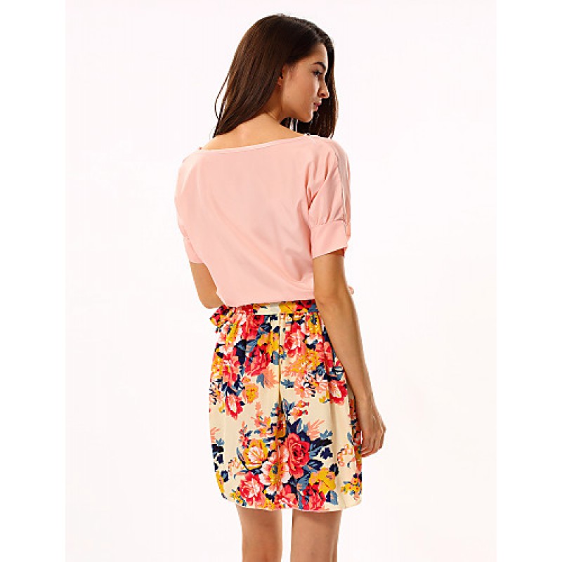 Women's White/Pink Round Flower Print Chiffon Short Sleeve Dress