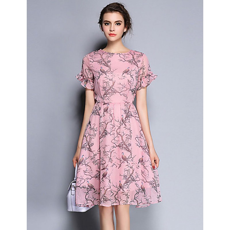 Women's Party/Cocktail Vintage Sheath / Chiffon Dress,Print Round Neck Knee-length Short Sleeve Pink Silk Summer