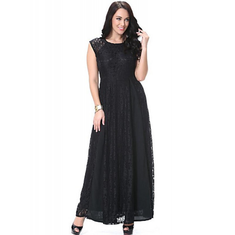 Women's Beach Plus Size / Lace Dress,Solid Round Neck Maxi Sleeveless Black Polyester Spring