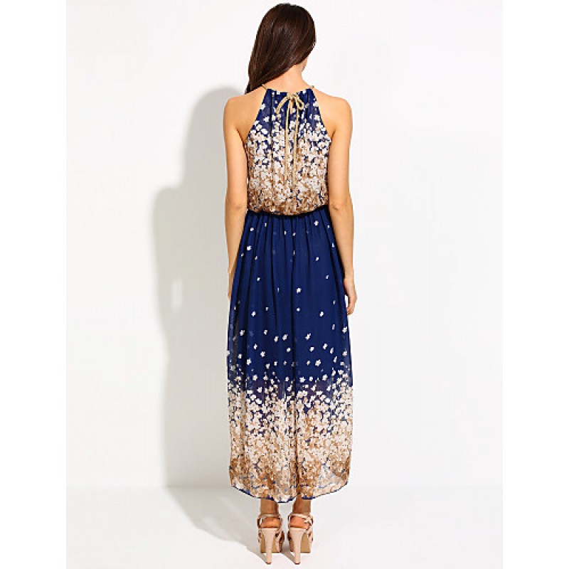 Women's Beach / Holiday Boho Chiffon / Swing Dress,Floral Halter Maxi Sleeveless Blue Polyester Spring / Summer Mid Rise Micro-elastic