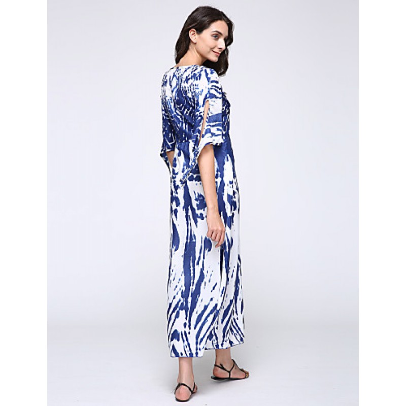 New Boho Maxi Dress Contrast Print Deep V-Neck Side Zipper 3/4 Sleeve Beach Evening Party Long