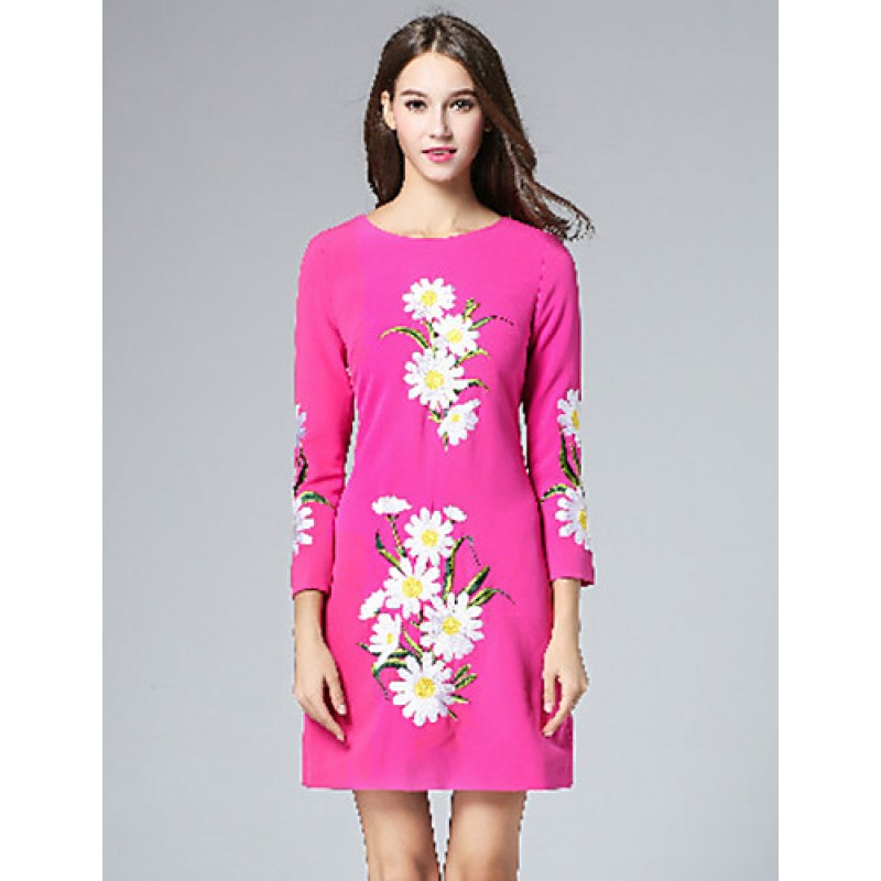 Boutique S Women's Casual/Daily Vintage Shift Dress,Embroidered Round Neck Above Knee Long Sleeve Polyester Fall