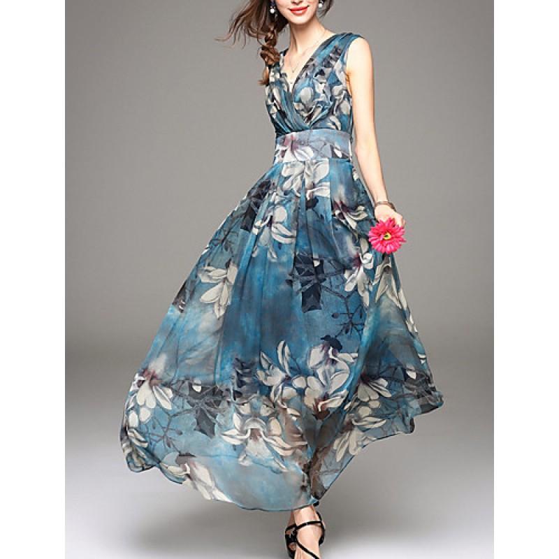 Going out Simple Sheath Dress,Print V Neck Maxi Sleeveless Blue / Red Polyester Summer Mid Rise