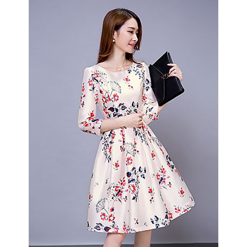 Women's Vintage Print Sheath Dress,Round Neck Knee-length Polyester