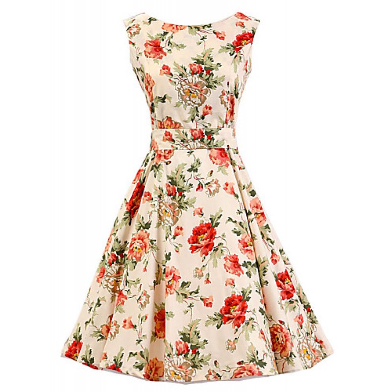 Women's Cream Floral Dress , Vintage Sleeveless 50s Rockabilly Swing Short Cocktail Dress