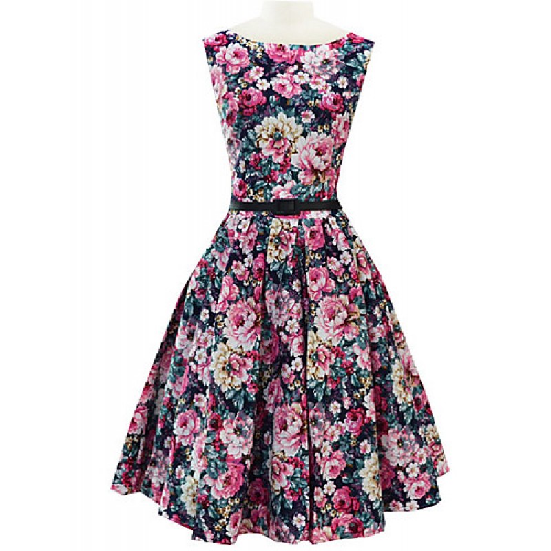 Women's Party/Cocktail Vintage A Line / Skater Dress,Floral Round Neck Midi Sleeveless Blue / Black Cotton Spring