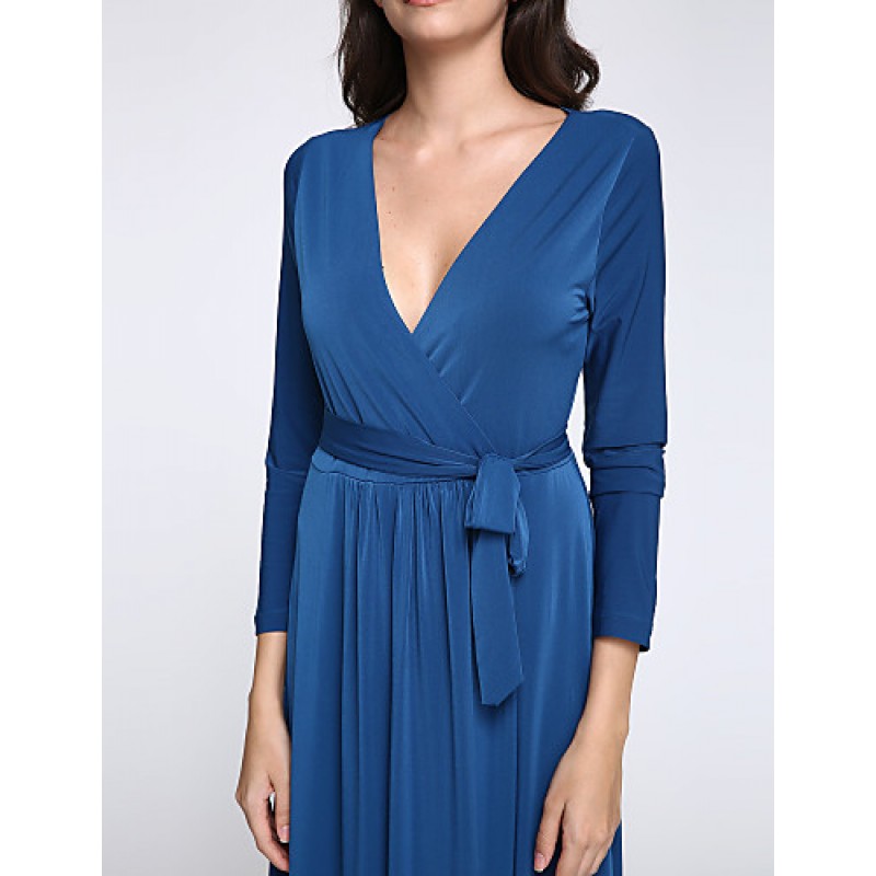 Women's Party/Cocktail Plus Size Plus Size Dress,Solid V Neck Midi Long Sleeve Blue Spandex Fall