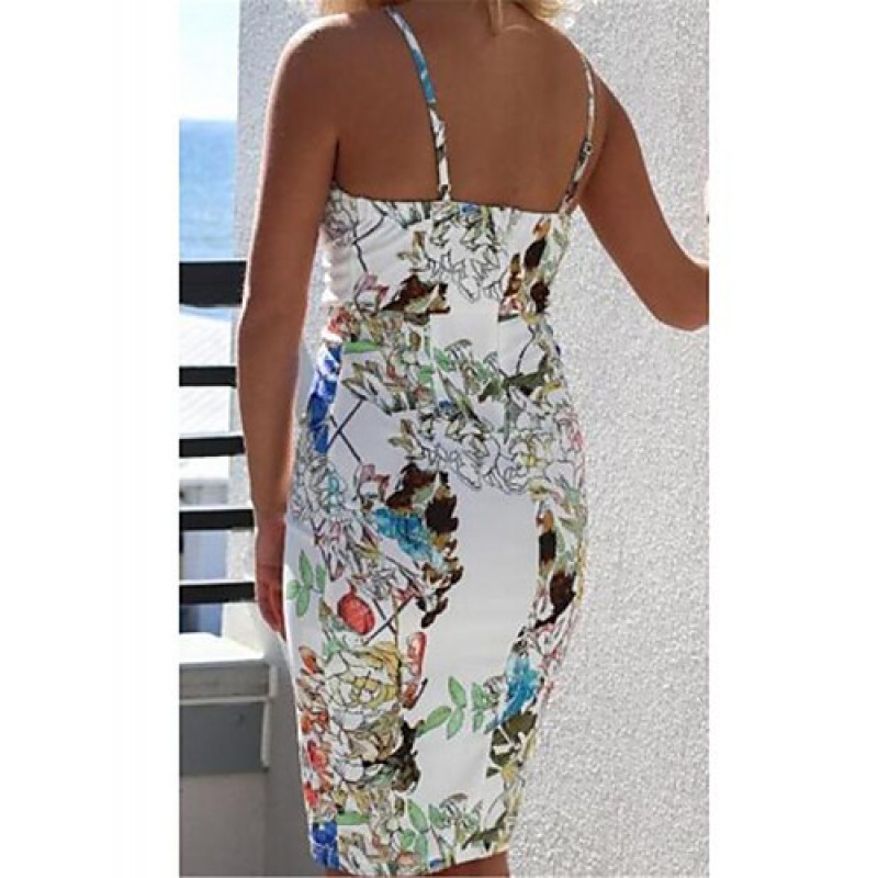 Going out Simple Bodycon Dress,Print Strap Above Knee Sleeveless White Nylon Fall High Rise