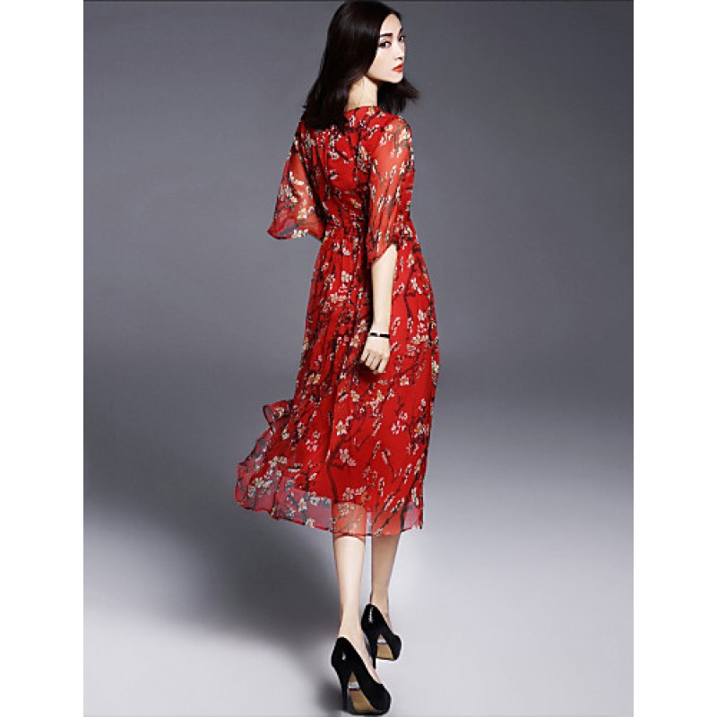 Women's Casual/Daily Boho / Street chic Plus Size / Chiffon Dress,Floral Round Neck Midi ? Length Sleeve Red Silk Summer