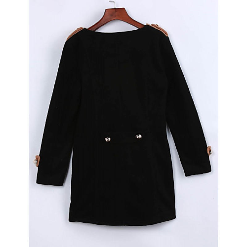 Women's Going out Street chic Coat,Color Block Round Neck Long Sleeve Winter Black / Brown Polyester Thick