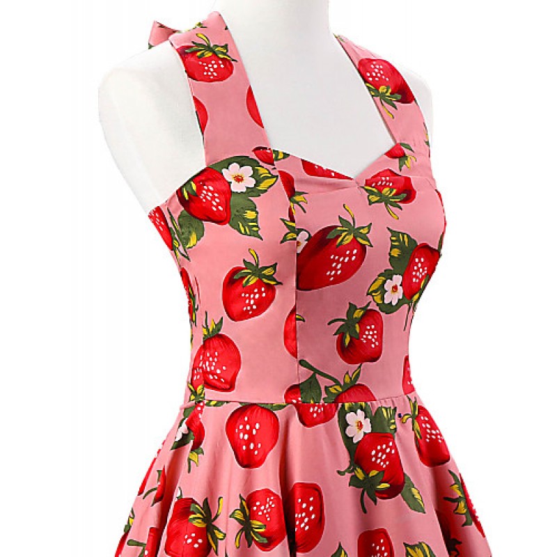 Women's Pink Strawberry Pattern Floral Dress , Vintage Halter 50s Rockabilly Swing Dress