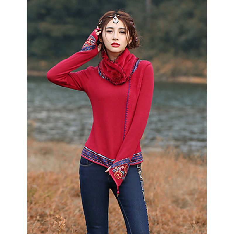 Our Story Going out Vintage Regular PulloverPaisley Red / Purple Round Neck Long Sleeve Cotton Spring