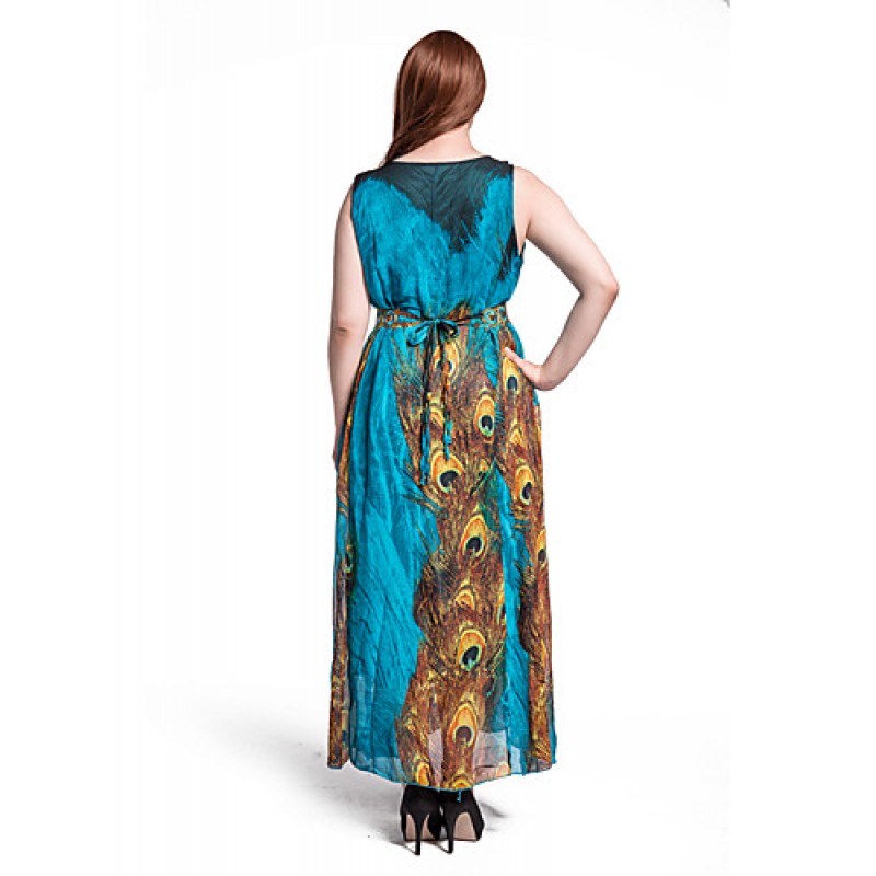 Women's Beach Plus Size / Swing Dress,Animal Print Round Neck Maxi Sleeveless Blue Polyester Summer