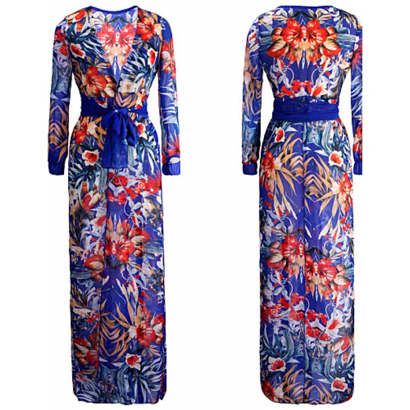 Women's Sexy Beach Casual Night Club Party Print Maxi Dress with Belt