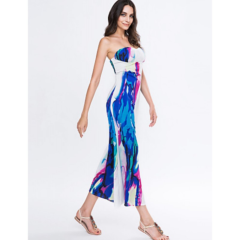 Women's Sexy / Party / Cocktail Floral Flapper Dress , Strapless Maxi Rayon