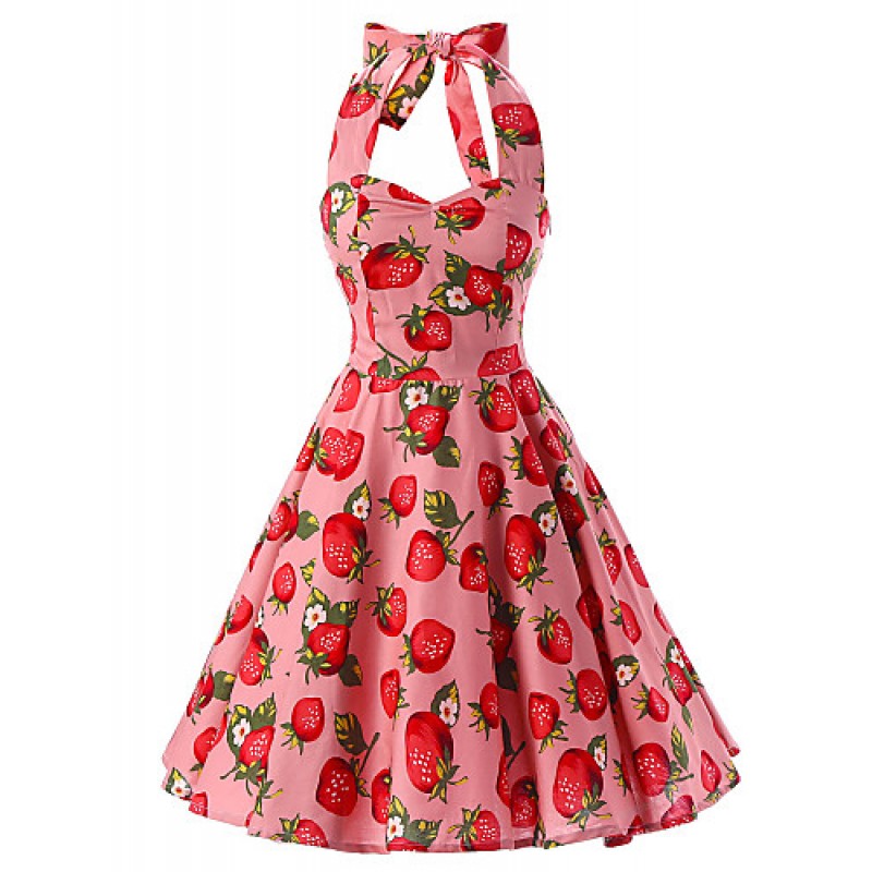 Women's Pink Strawberry Pattern Floral Dress , Vintage Halter 50s Rockabilly Swing Dress