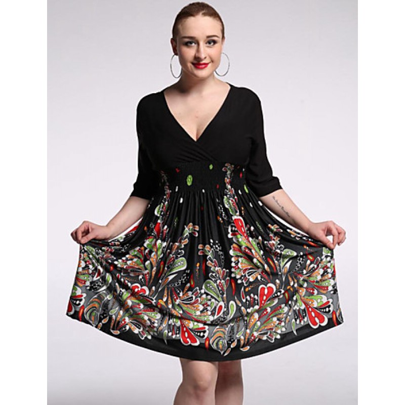 Women's Beach / Plus Size Boho Chiffon Dress,Floral V Neck Knee-length 陆 Length Sleeve Black Polyester / Spandex Summer