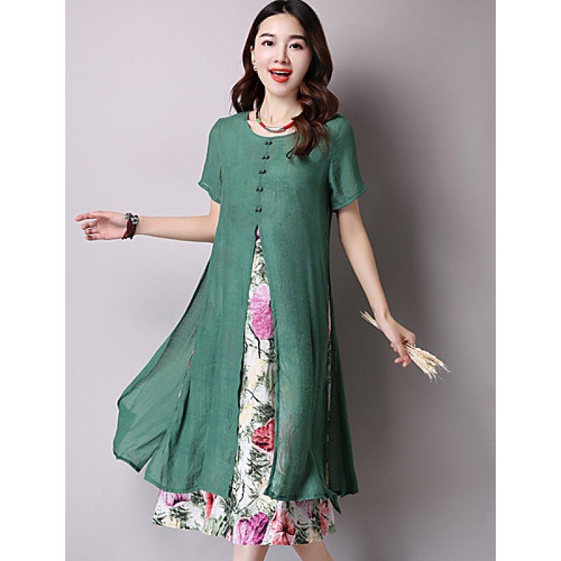 Women's Vintage Ethnic Print Floral Loose Dress,Casual/Daily Round Neck False two Midi Sweet Cotton / Linen