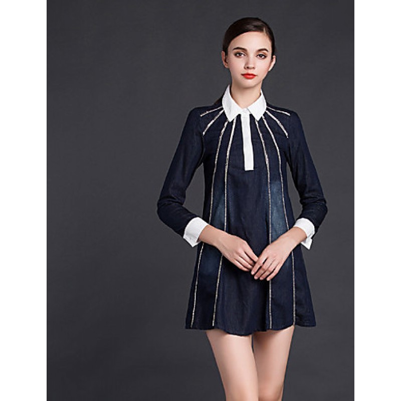  Women's Going out Sheath DressSolid Shirt Collar Above Knee Long Sleeve Blue Cotton