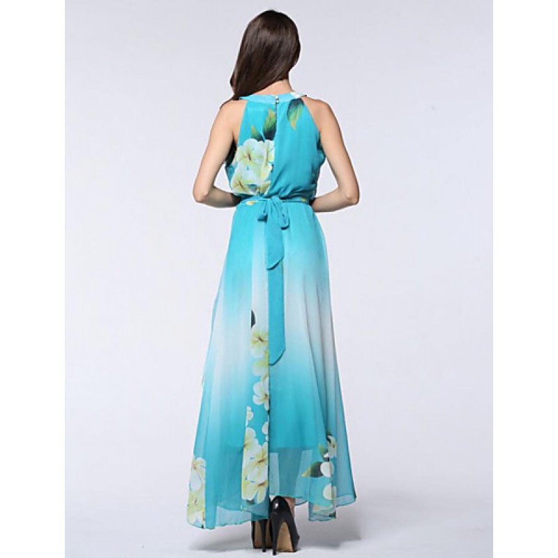 Women's Holiday / Plus Size Boho Chiffon Dress,Print Round Neck Maxi Sleeveless Blue Polyester Summer