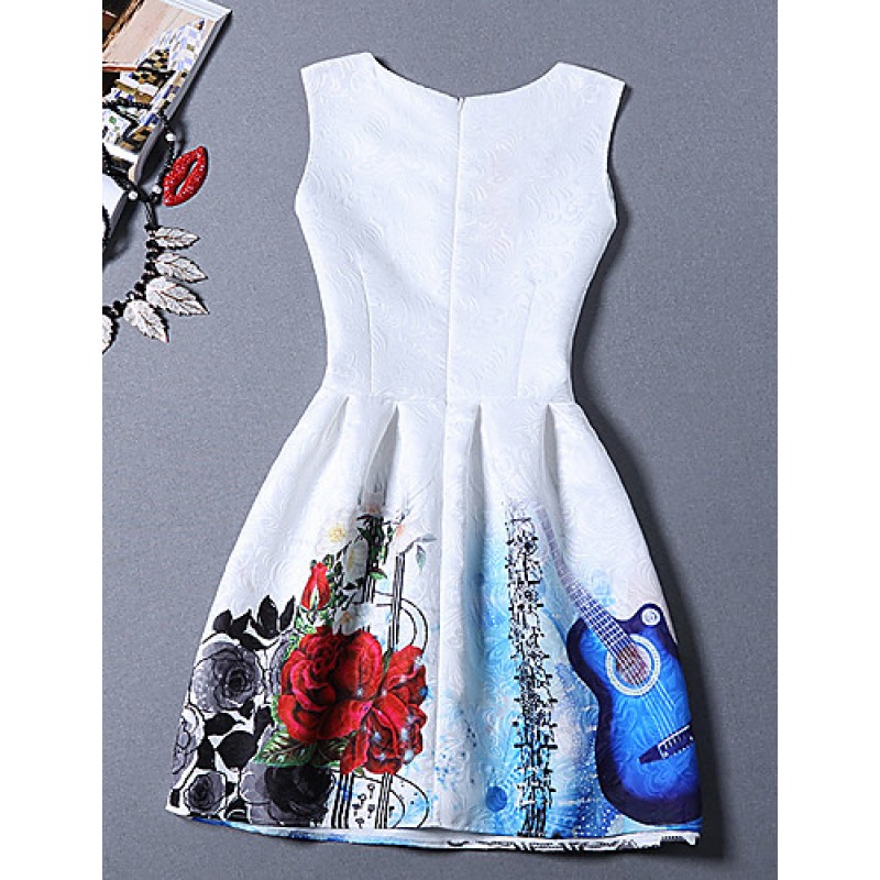 Women's Cute Print A Line Dress,Round Neck Mini Polyester