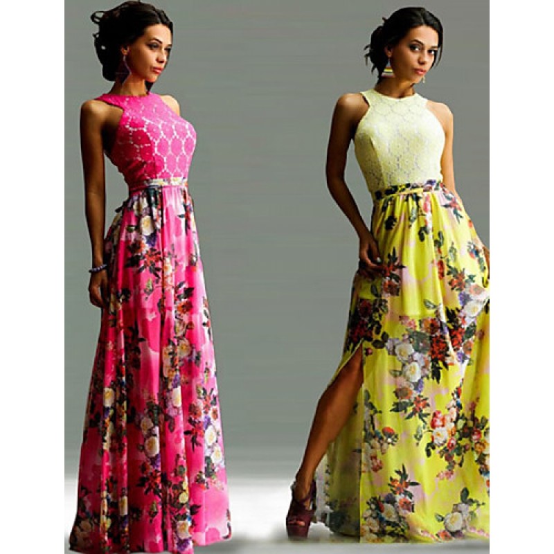 Women's Sexy / Boho Floral Sheath / Swing Dress , Crew Neck Maxi Polyester