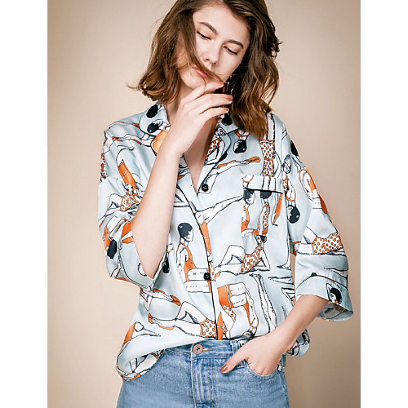 LIANGSANSHIWomen's Casual/Daily Street chic Summer Shirt,Print Shirt Collar ? Sleeve Blue Polyester / Others Thin