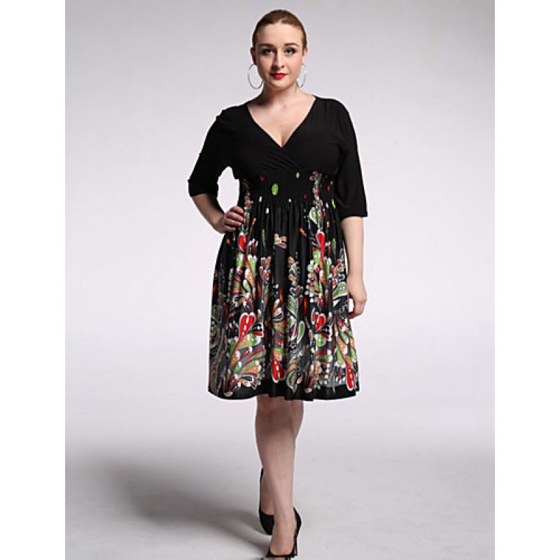 Women's Beach / Plus Size Boho Chiffon Dress,Floral V Neck Knee-length 陆 Length Sleeve Black Polyester / Spandex Summer