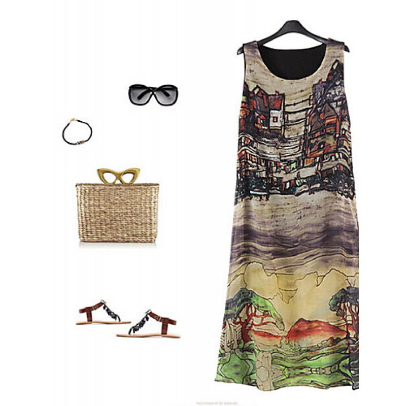 Women's Loose Dress,Print Round Neck Midi Sleeveless Summer