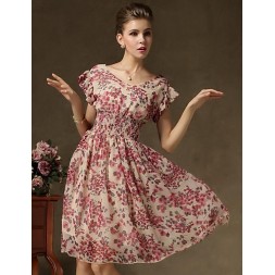 Women's Vintage Short Sleeve Floral Print Chiffon Dress