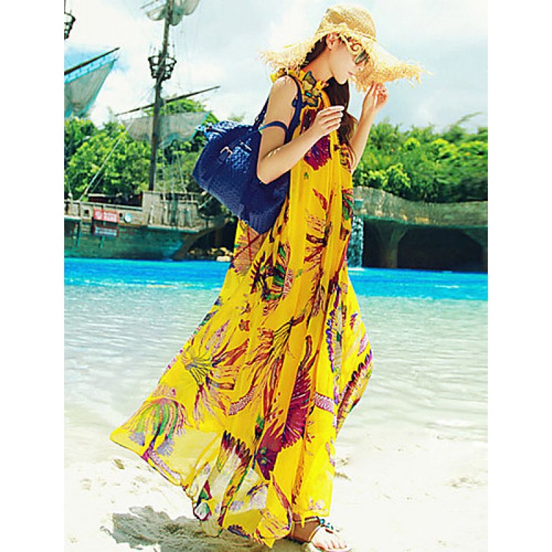 Beach Swing Dress,Print Maxi Sleeveless Yellow Sum...