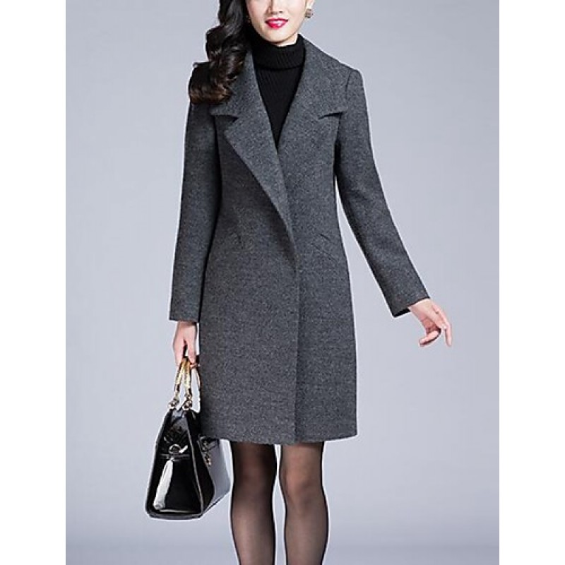 Women's Party/Cocktail / Plus Size Street chic Pea Coats,Solid Shirt Collar Long Sleeve Winter Gray Faux Fur / Cotton Thick