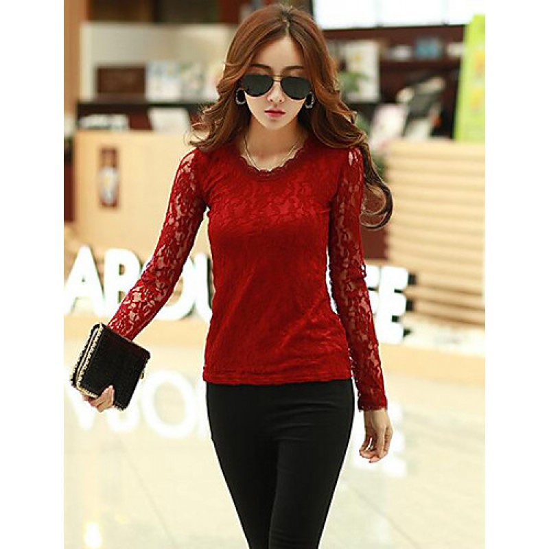 Women's Casual/Daily Simple Fall Blouse,Solid Round Neck Long Sleeve Red / White / Black Cotton / Rayon / Polyester Thin