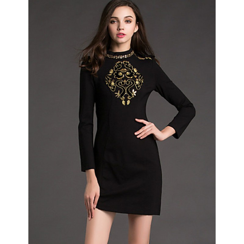 Women's Work Shift Dress,Jacquard Crew Neck Mini L...