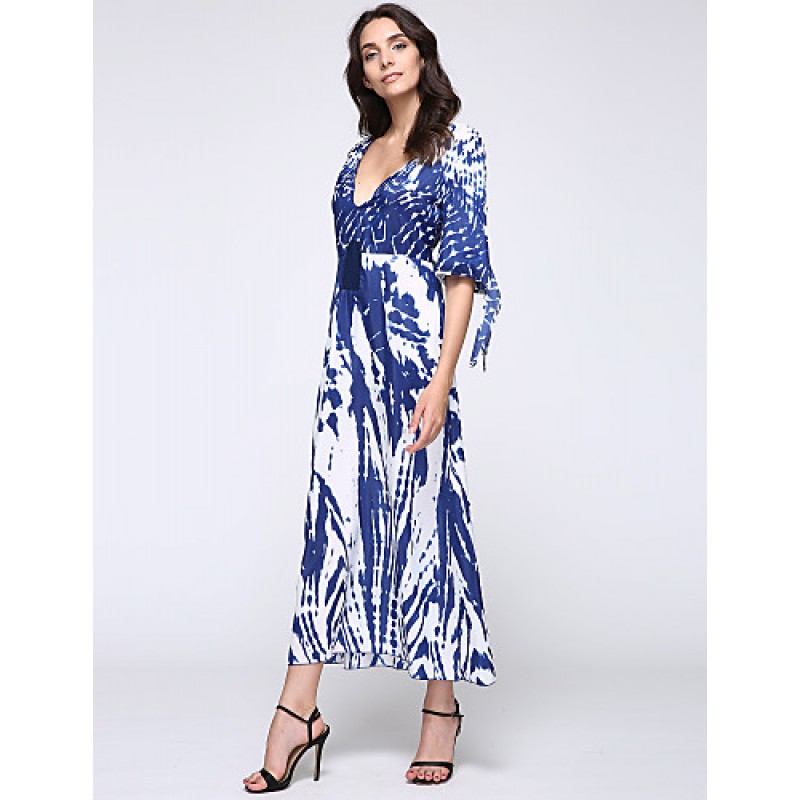 New Boho Maxi Dress Contrast Print Deep V-Neck Side Zipper 3/4 Sleeve Beach Evening Party Long