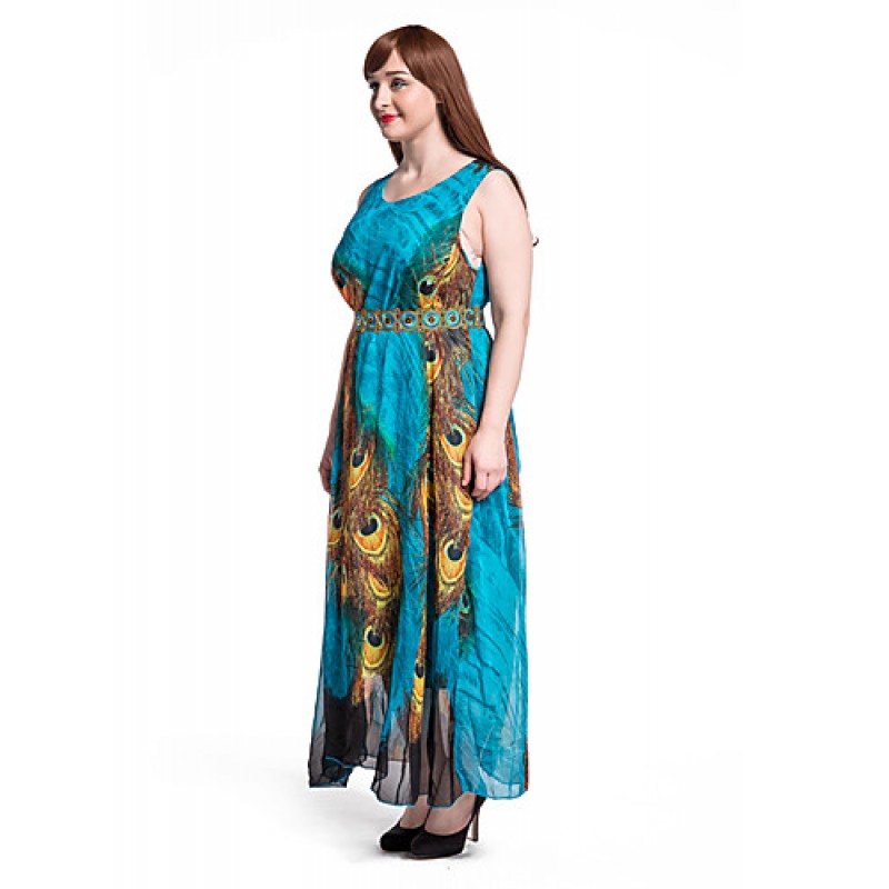 Women's Beach Plus Size / Swing Dress,Animal Print Round Neck Maxi Sleeveless Blue Polyester Summer