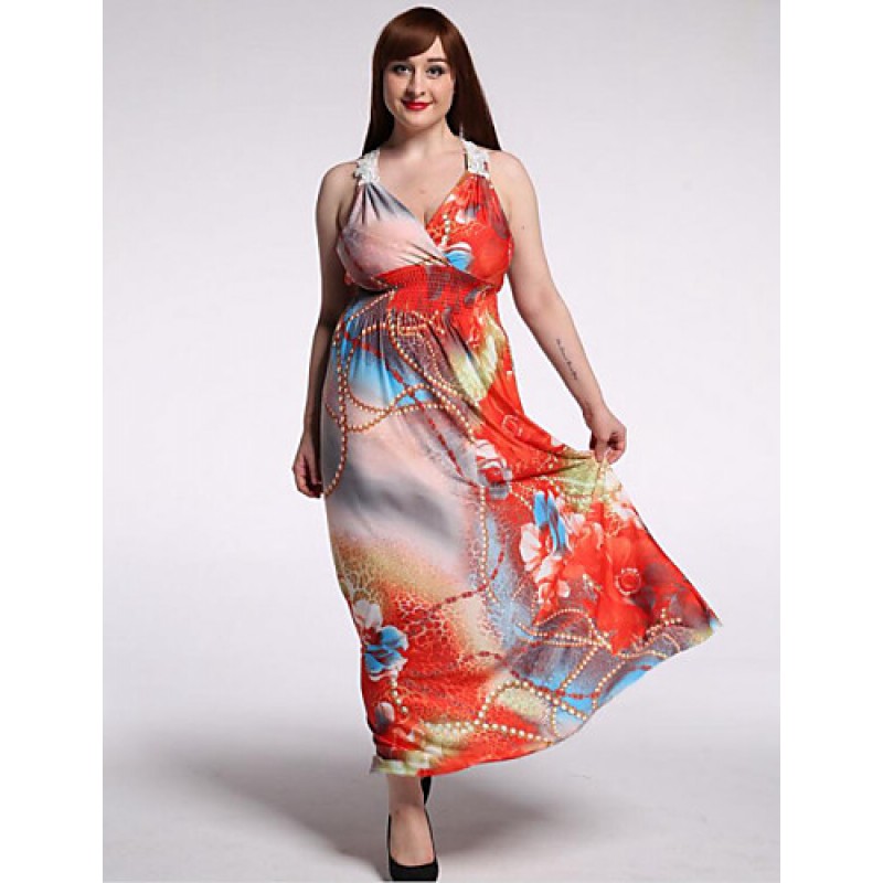 Women's Beach / Plus Size Boho Dress,Floral V Neck Maxi Sleeveless Orange Polyester / Spandex Summer