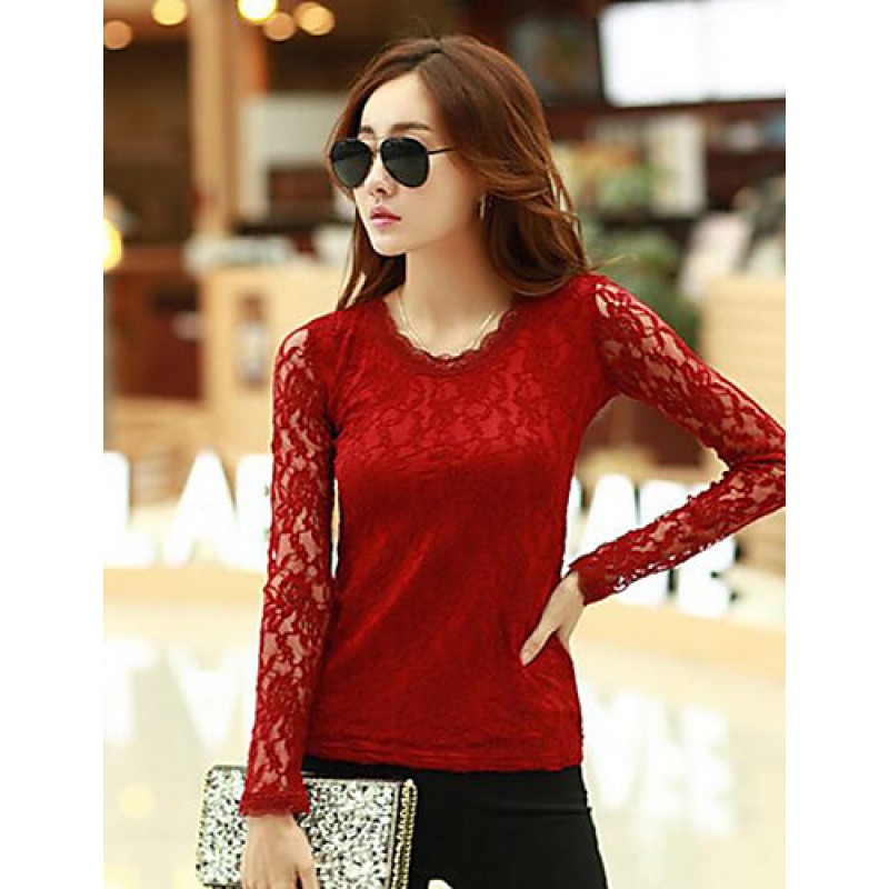 Women's Casual/Daily Simple Fall Blouse,Solid Round Neck Long Sleeve Red / White / Black Cotton / Rayon / Polyester Thin