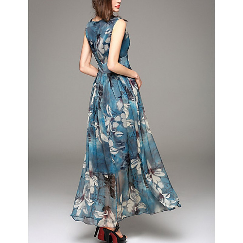 Going out Simple Sheath Dress,Print V Neck Maxi Sleeveless Blue / Red Polyester Summer Mid Rise