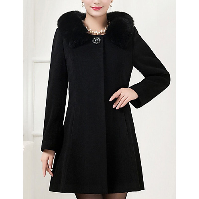 Women's Plus Size Coat,Solid Shirt Collar Long Sleeve Winter Blue / Black Wool / Others Thick