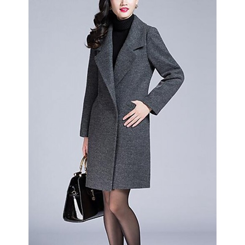 Women's Party/Cocktail / Plus Size Street chic Pea Coats,Solid Shirt Collar Long Sleeve Winter Gray Faux Fur / Cotton Thick