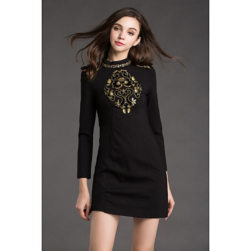 Women's Work Shift Dress,Jacquard Crew Neck Mini Long Sleeve Black Cotton / Polyester Spring